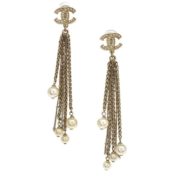 Chanel Artificial Pearl Dangle CC Earrings Clip-On Gold A - Picture 1 of 4
